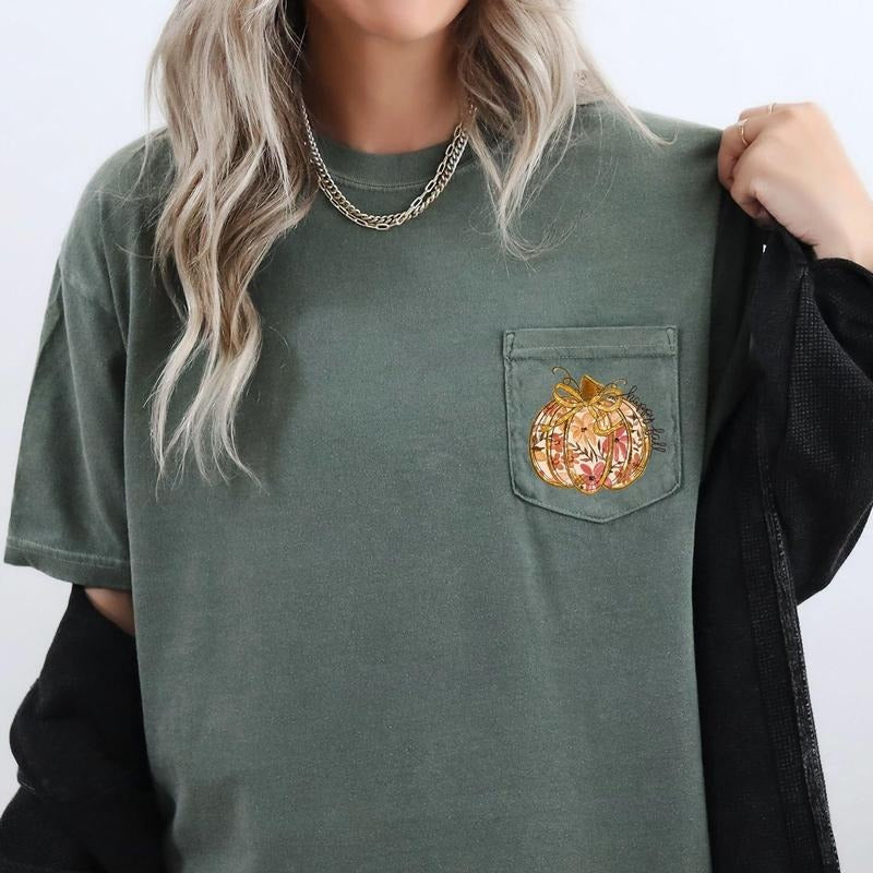Happy Fall, Pumpkin, Thanksgiving, Flowers, Pocket Tee, Women's Comfort Colors Tee Hoodie, Sweatshirt | DripVista.com