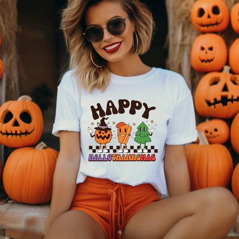 Happy Hallothanksmas Shirt - Unisex Cotton T-shirt for Halloween, Thanksgiving, Christmas, and Autumn