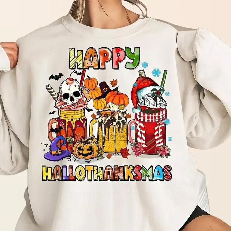 Happy Hallothanksmas Shirt, Christmas Holiday Season Tee Tops Crewneck Cotton Hoodie, Sweatshirt | DripVista.com