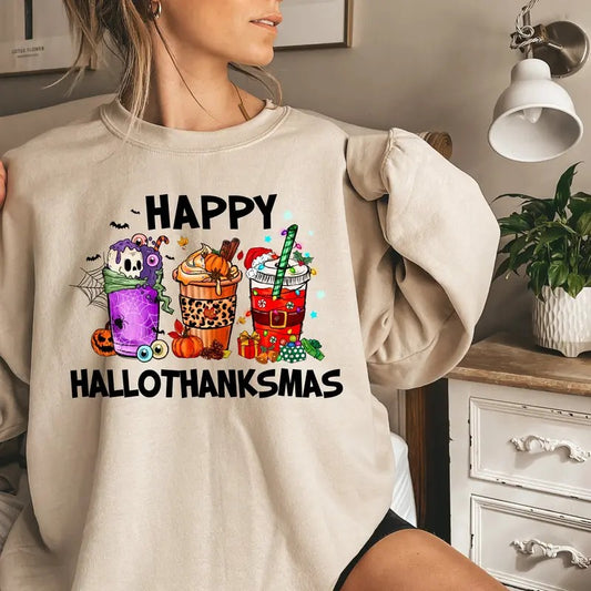 Happy Hallothanksmas Shirt, Halloween Sweatshirt, Thanksgiving Shirt, Christmas Shirt, Gift For Halloween, Thanksgiving Sweatshirt