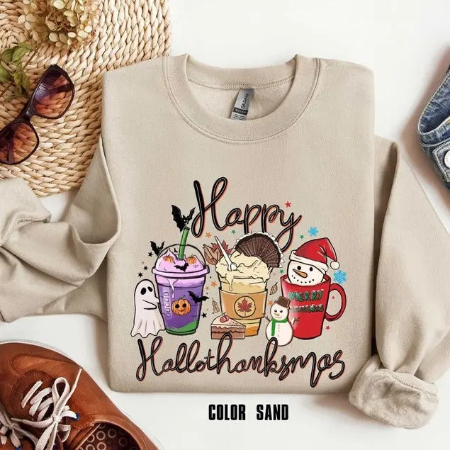 Happy Hallothanksmas Sweatshirt , Christmas Sweatshirt, Thanksgiving Shirt, Christmas Shirt, Coffee Pumpkin Spice Iced,...