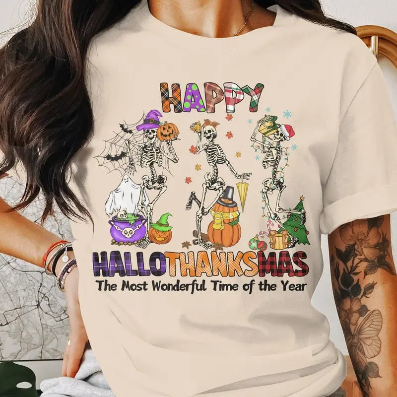 Happy Hallothanksmas Sweatshirt, Funny Holiday Season Shirt, Halloween T-shirt, Thanksgiving shirt, Christmas Gift, Fall...