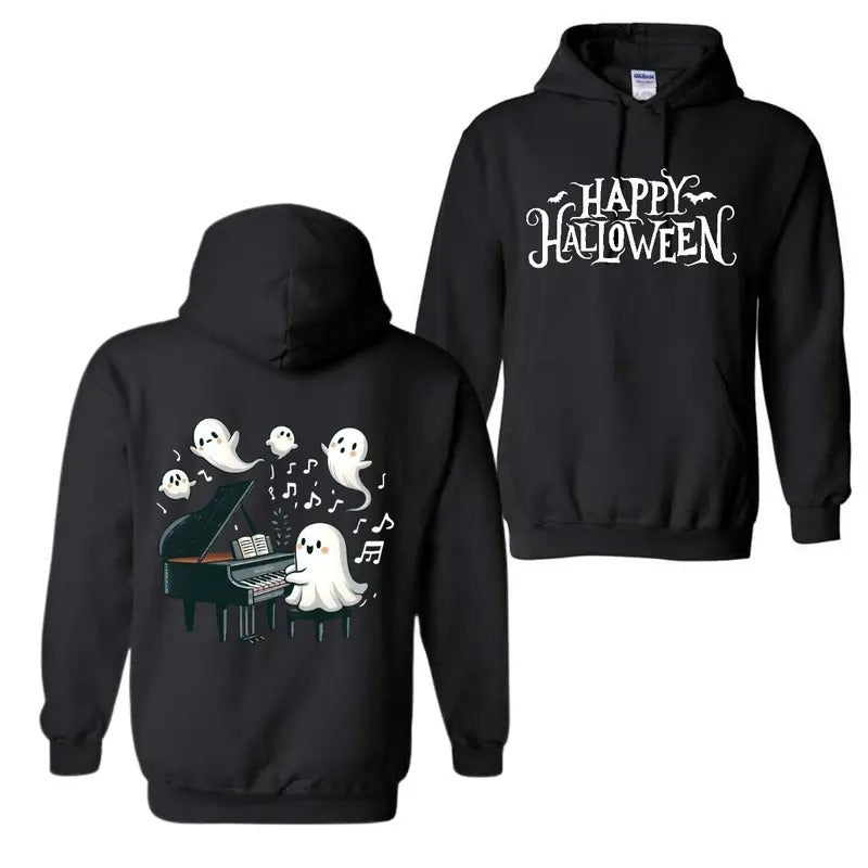 Happy Halloween Hoodie, Funny Ghost Playin Piano Hoodie, Spooky Season Ghost Hoodie T-Shirts, Sweatshirt | DripVista.com