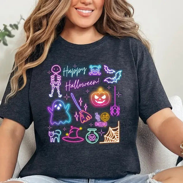 Happy Halloween Neon Shirt, Halloween Skeleton Shirt, Halloween Ghost Neon Shirt, Halloween Party Shirt, Pumpkin T-Shirt,...