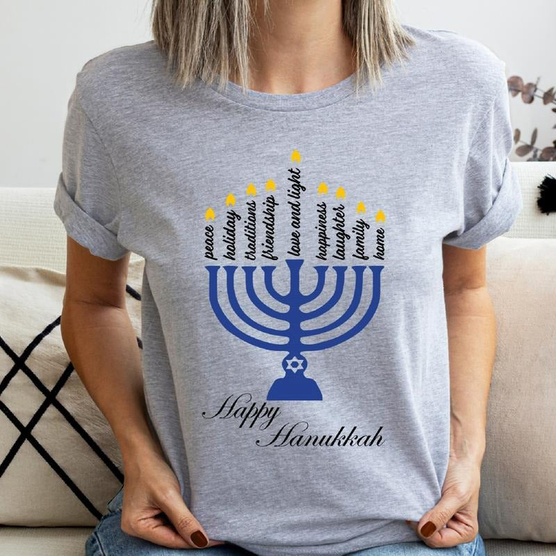 Happy Hanukkah T-Shirt, Matching Jewish Saying Family Shirt, Holiday Gift Tee, Menorah Shirt For Woman.