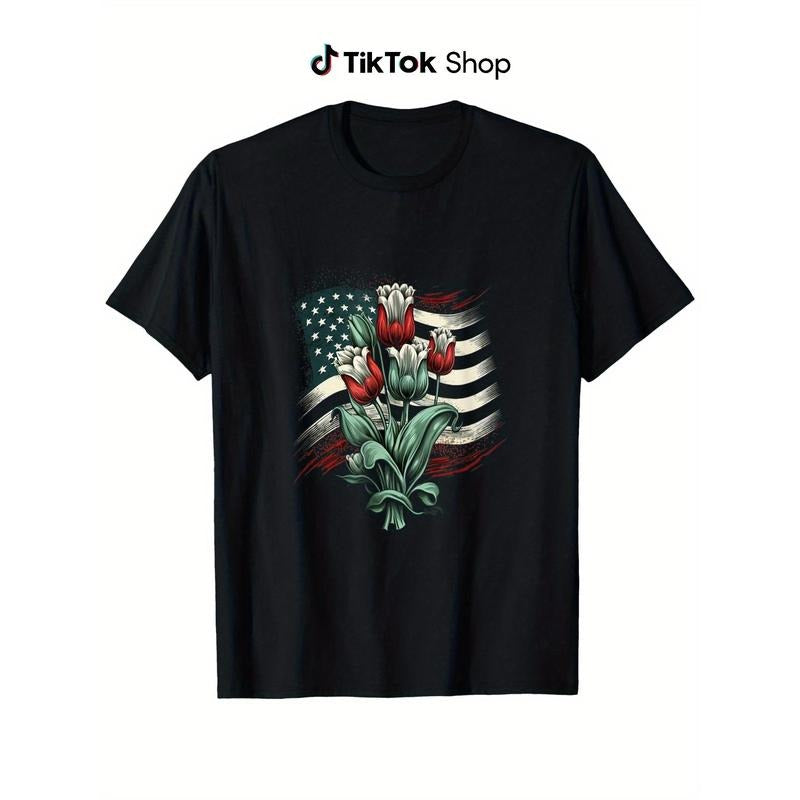 Happy Memorial Day Tulips Flower American Flag 4th FOG July T-Shirt 100% cotton, fabric weight 180g, Happy TNF'WB shield...