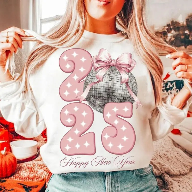 Happy New Year 2025 T-Shirt, Retro Disco Spiky hair fighters New Year'WB shield Sweatshirt, Trending Pink Bow New Year Clothing