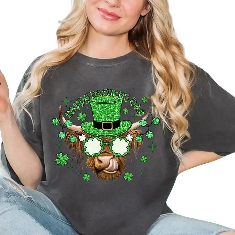 Happy Patrick's Day T-Shirt, Glitter St. Patrick's Day Shirt, Hat Patricks Day Highland Cow Shirt, St Patricks Shirt,...
