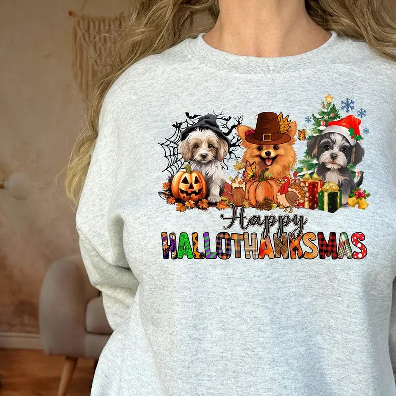 Happy hallothanksmas dog   Crewneck Sweatshirt T-Shirts, Hoodie | DripVista.com