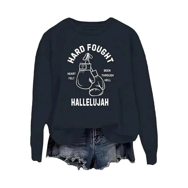 Hard Fought Hallelujah Sweatshirt, Hard Fought Hallelujah Praise Jesus Shirt Casual Street Style Fleece Fabric Crewneck Pullover Sweatshirt Tops Trendy for Women for Men