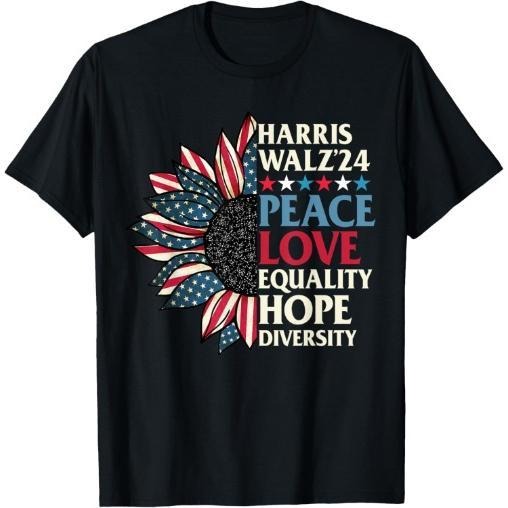 Harris Waltz 2024 Peace Love Equality Hope US Flag Sunflower T-Shirt made in usa Hoodie, Sweatshirt | DripVista.com