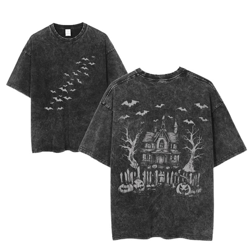 Haunted House Halloween Graphic T-Shirt, Vintage Bats And Pumpkins Tee, Spooky Mansion Double Print Shirt, Unisex Menswear Womenswear Top, Frightening Fashion