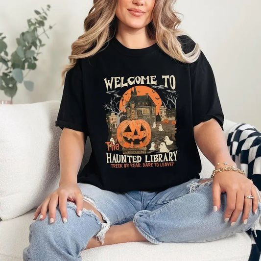 Haunted Library Halloween Sweatshirt, Bookish Halloween Tee Shirt, Funny Halloween Librarian Graphic T-Shirt, Ghost Reading Book Sweater, Spooky Book Lover Gift, Gift For Halloween