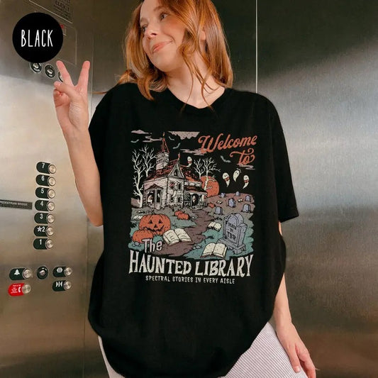Haunted Library Shirt for Book Lover, Funny Halloween Librarian Graphic Tee, Bookish Spooky Crewneck Reading Ghost T-Shirt Fall Cotton Top