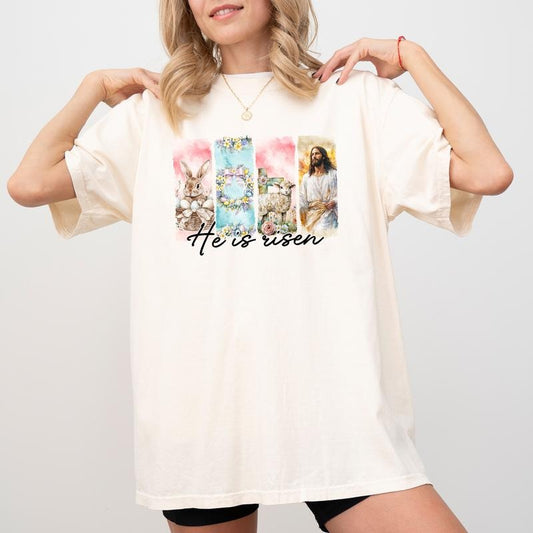 He Is Risen Comfort Colors Shirt, Floral Easter T-shirt, Jesus Easter Graphic Tee, Gift For Christian, Retro Wildflower Bible Verse Shirt, Womenswear