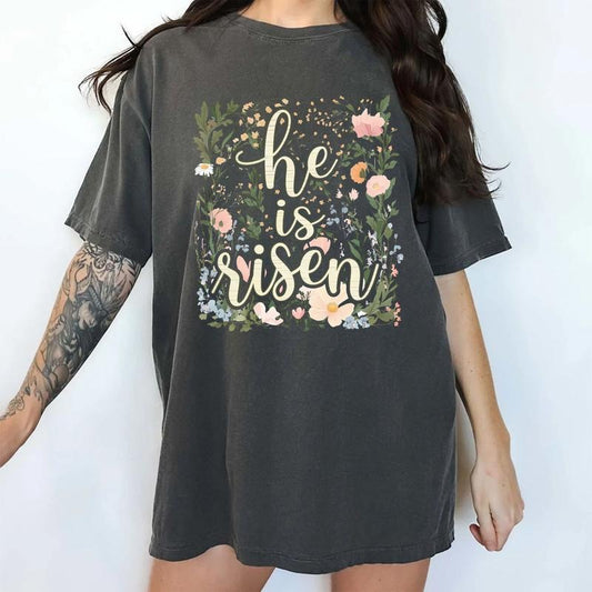 He Is Risen Comfort Colors Shirt, Floral Easter T-shirt, Jesus Easter Graphic Tee, Gift For Christian, Vintage Floral Christian Clothing, Womenswear