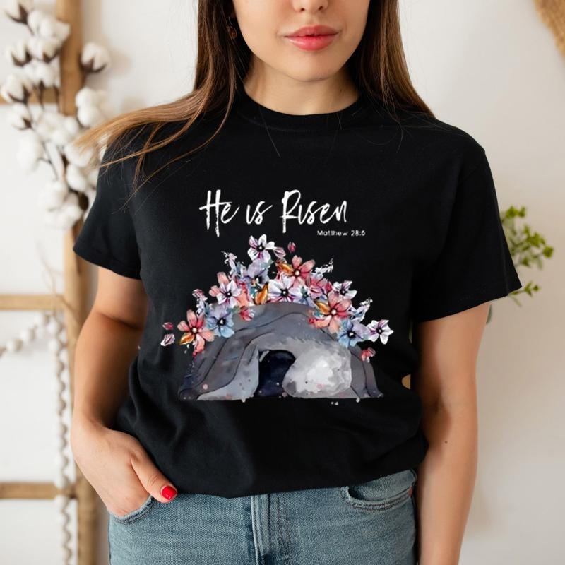 He Is Risen Flower Christian Shirt Casual Style Crew Neck Short Sleeve T-Shirt Tops Trendy for Unisex, Perfect Gift