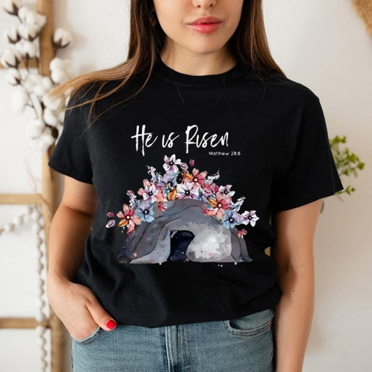 He Is Risen Flower Christian Shirt Casual Style Crew Neck Short Sleeve T-Shirt Tops Trendy for Unisex, Perfect Gift