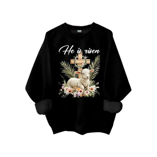 He Is Risen Sweatshirt Easter Cross Funny Sweatshirt Casual Style Fleece Crewneck Pullover Sweatshirt Tops for Women for Men, Perfect Gift