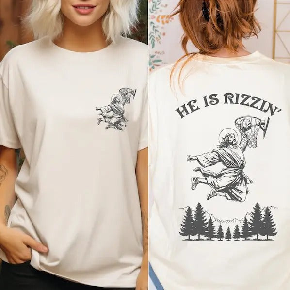 He Is Rizzin' Shirt, Funny Jesus Shirt, Humor Easter Shirt, Christian Easter Shirt, Jesus Playing Basketball  T-shirt,...