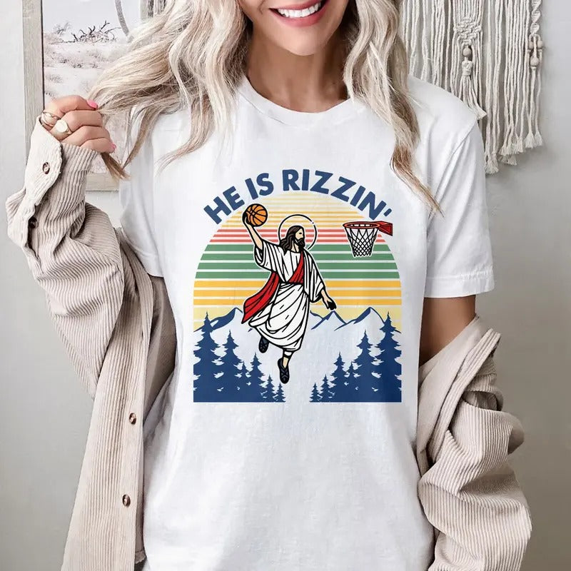 He Is Rizzin' shirt, Jesus Basketball Easter Shirt, Jesus He Is Risen Shirt, Christian Religious Graphic Tee, Y2K Faith...