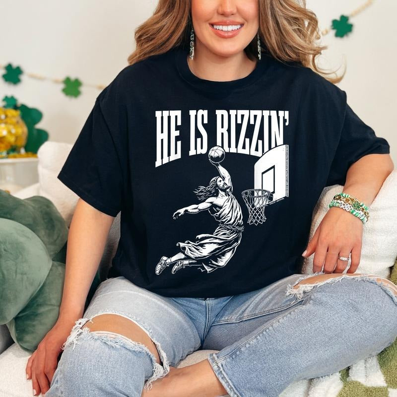 He Is Rizzin Funny Jesus Basketball Meme Top Womenswear Underwear Streetwear Shortsleeve Summer Comfort T-Shirts, Hoodie,...