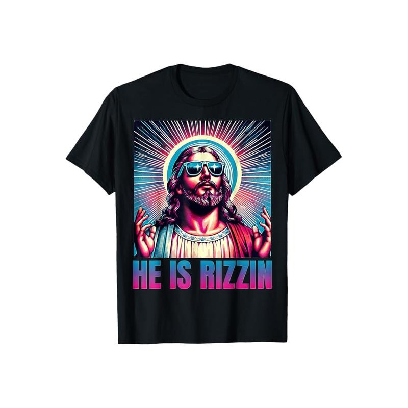 He Is Rizzin Jesus Tshirt Casual Style Crew Neck Short Sleeve T-Shirt Tops Trendy for Unisex, Perfect Gift