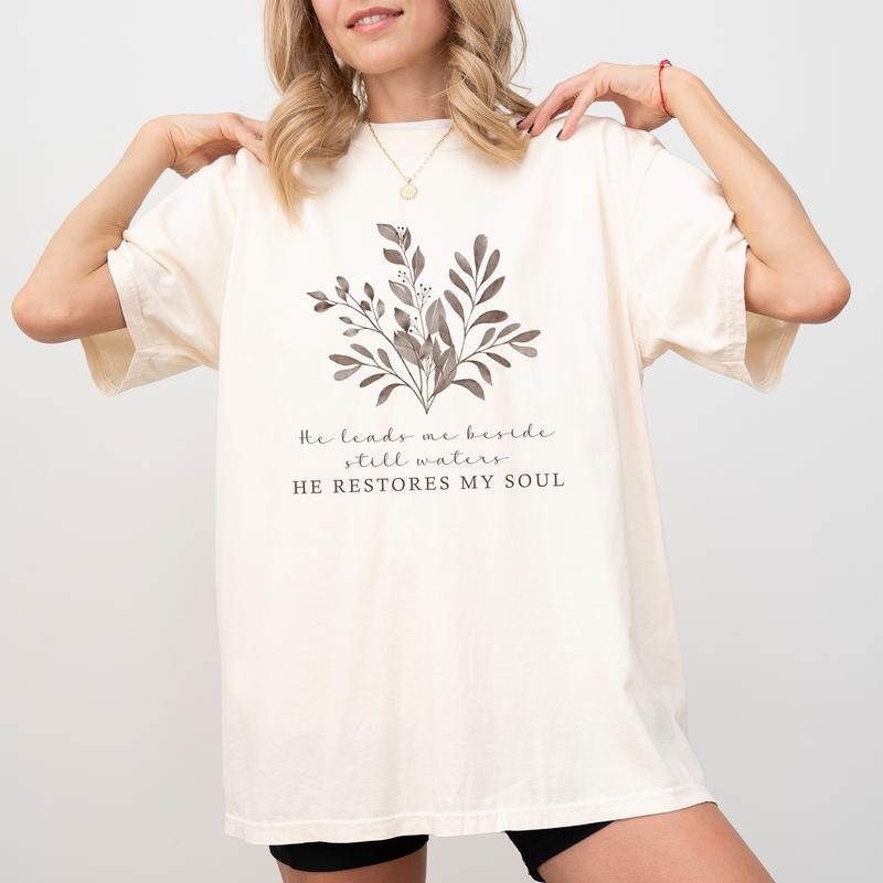 He Leads Me Beside Still Waters Comfort Colors Shirt, Floral Bible Verse Unisex Graphic Tee, Christian Unisex T-Shirt, Faith Based Jesus Apparel