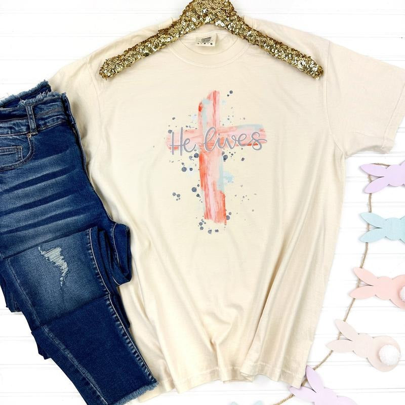 He Lives Cross Comfort Colors T-Shirt Hoodie, Sweatshirt | DripVista.com