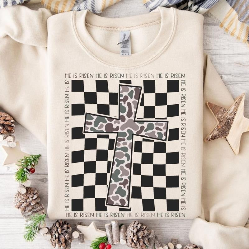He is Risen Checkered with Camo Jesus Cross Unisex Sweater, He Is Risen Jesus Easter Shirt, Happy Easter Gift, Camo...