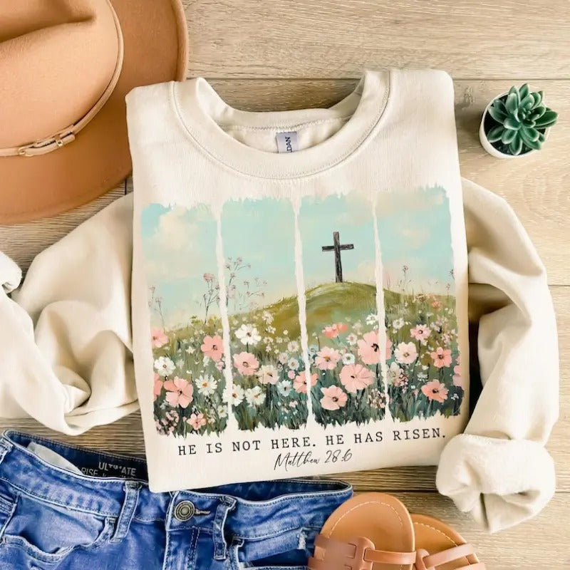 He is Risen Shirt, Wildflower Spring Easter, Brushstroke Aesthetic Boho, Easter Christian Jesus Hoodie, Sweatshirt