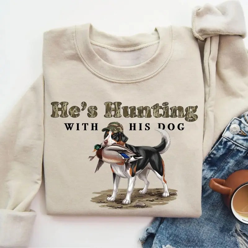 He's Hunting with His Nova Scotia Duck Tolling Retriever Dog Unisex Crewneck Sweater, Hunting Camo Bottomland Duck Hunt...