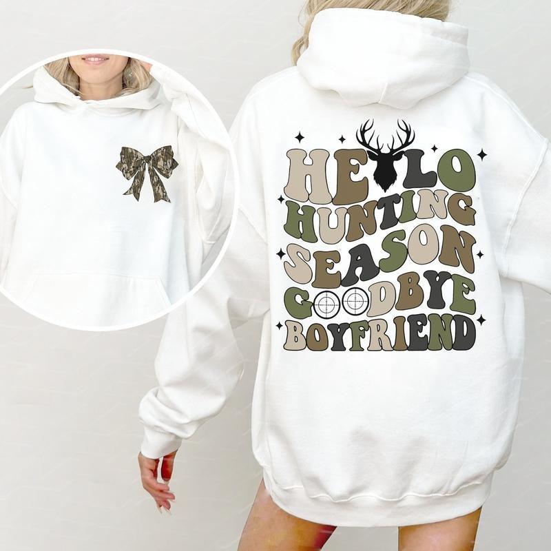 Hello Hunting Season Goodbye Boyfriend Camo Coquette Bow 2 Sides Sweatshirt, Girls Camo Bow Shirt Hoodie | DripVista.com