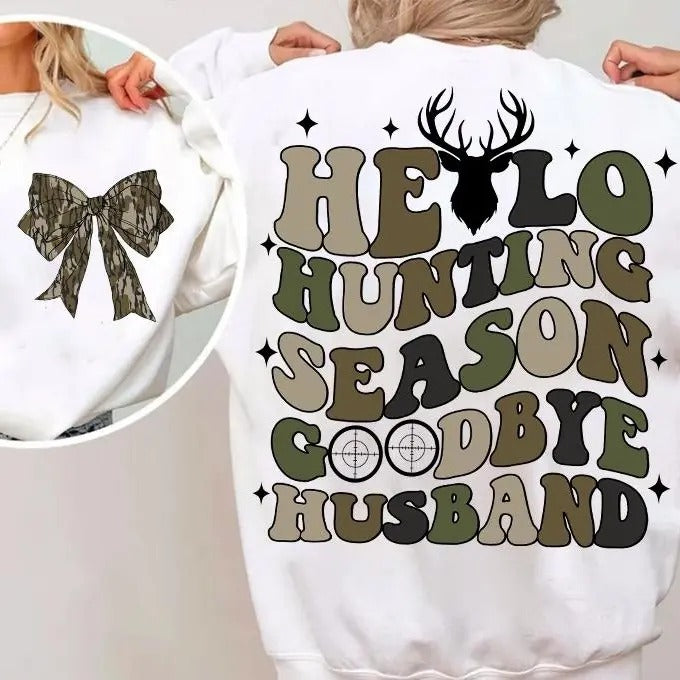 Hello Hunting Season Goodbye Husband Camo Coquette Bow 2 Sides Sweatshirt, Girls Camo Bow Shirt Hoodie | DripVista.com