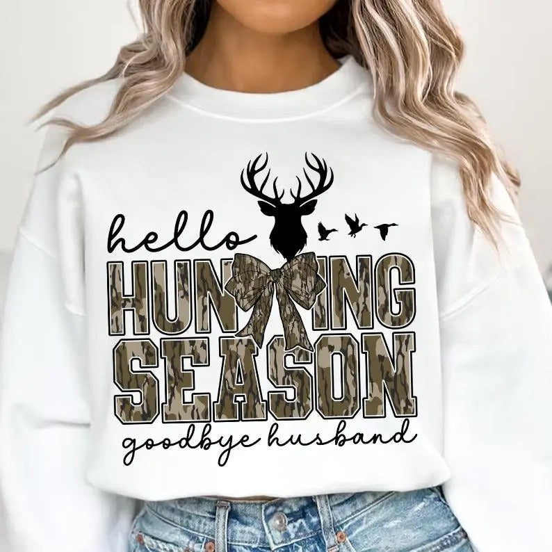 Hello Hunting Season Goodbye Husband Sweater, Camo Coquette Bow Tee, Hunting Camo Dude Shirt, Girls Camo Bow Sweatshirt,...