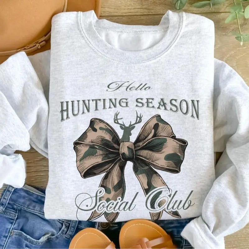 Hello Hunting Season T-shirt Sweatshirt Hoodie, Social Club Camo Hunting Coquette Bow Shirt Classic Menswear | DripVista.com