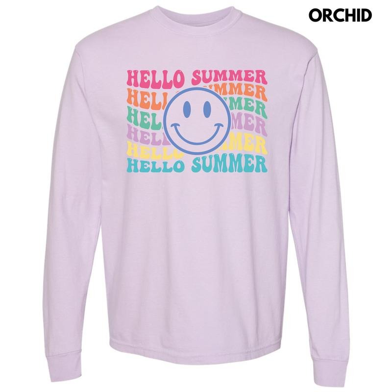 Hello Summer Happy Face Long Sleeve Comfort Colors T-Shirt 'NLB' Hoodie, Sweatshirt | DripVista.com