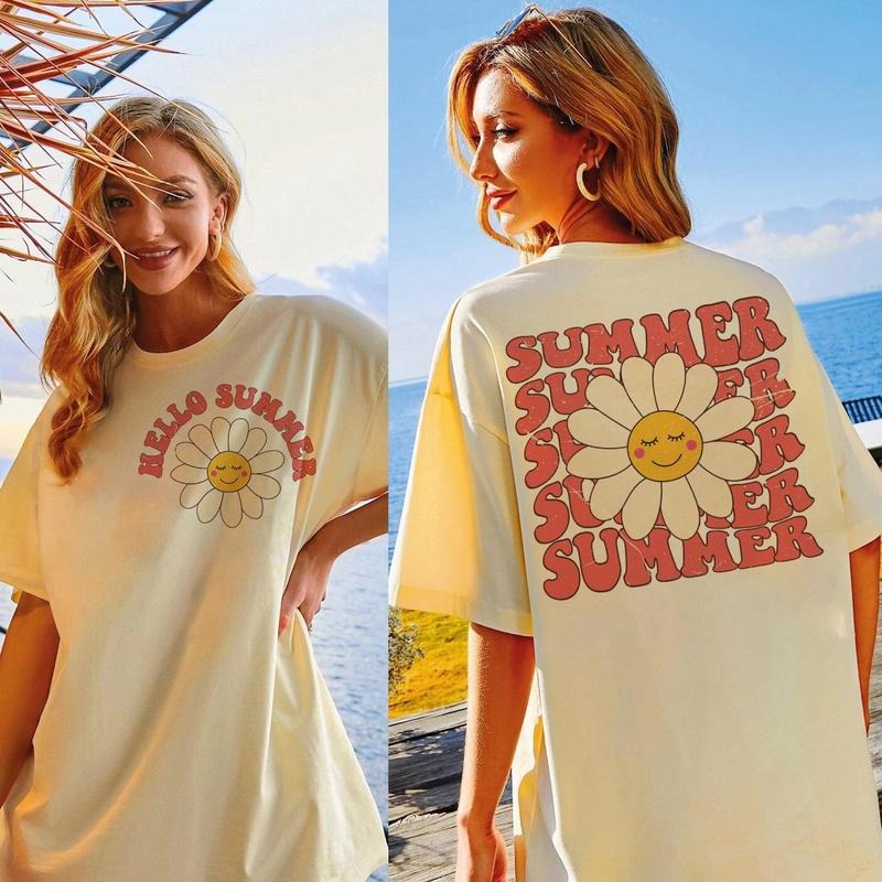 Hello Summer T shirt, Retro Smile Daisy Sublimation sweatshirt, Aesthetic Ocean Front Back, Distressed Groovy Beach modal...