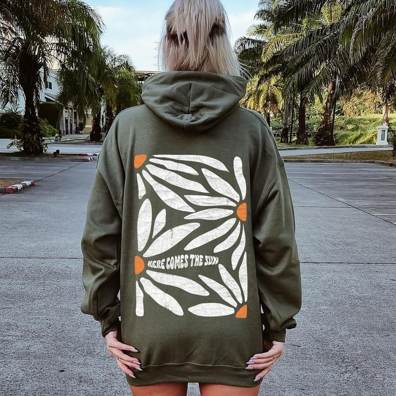 Here Comes The Sun, Boho Floral Design Hoodie T-Shirts, Sweatshirt | DripVista.com