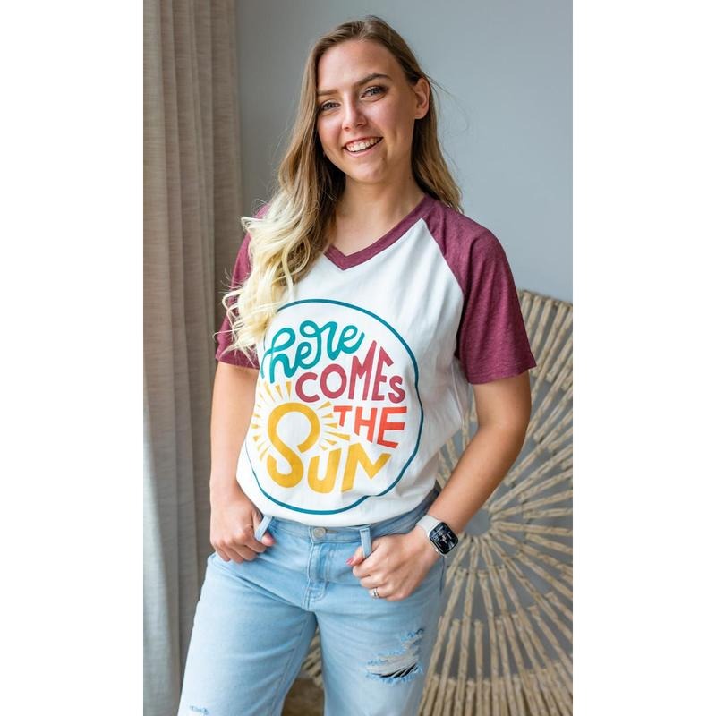 Here Comes the Sun V-Neck Knit Top T-Shirts, Hoodie, Sweatshirt | DripVista.com