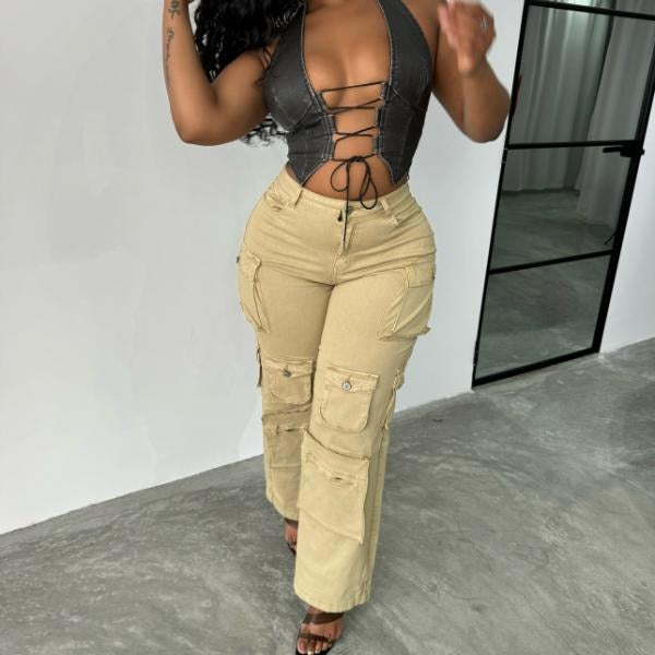 High Waist Khaki Cargo Multi Pocket Pants T-Shirts, Hoodie, Sweatshirt | DripVista.com