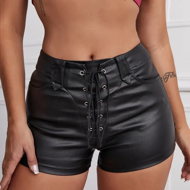 High Waisted Faux Leather Shorts Drawstring Lace Up Festival Rave ShortsY2K T-Shirts, Hoodie, Sweatshirt | DripVista.com