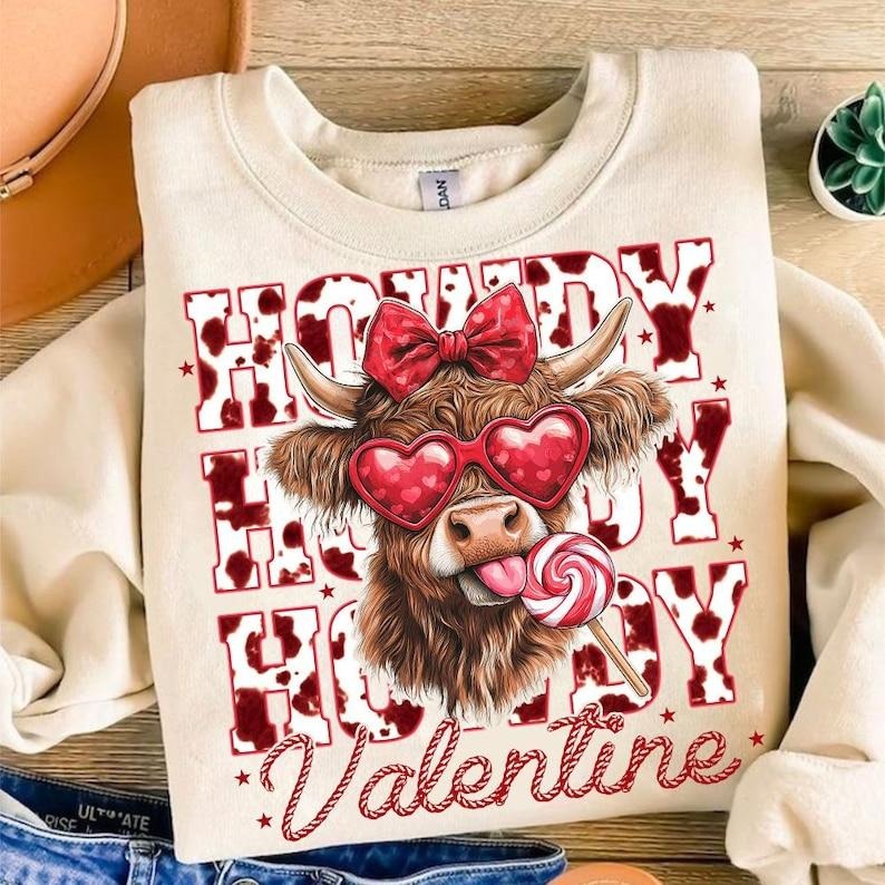 Highland Cow | Retro Valentine Coquette Sweatshirt | Heart Western Designs T-Shirts, Hoodie | DripVista.com