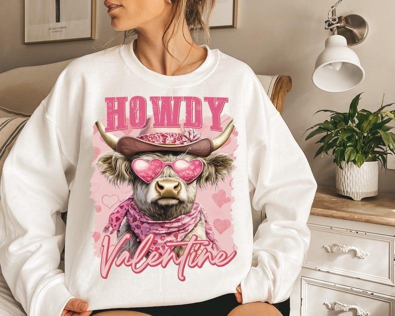 Highland Cow Crewneck | Valentine Coquette Sweatshirt | Retro Heart Love Design T-Shirts, Hoodie | DripVista.com