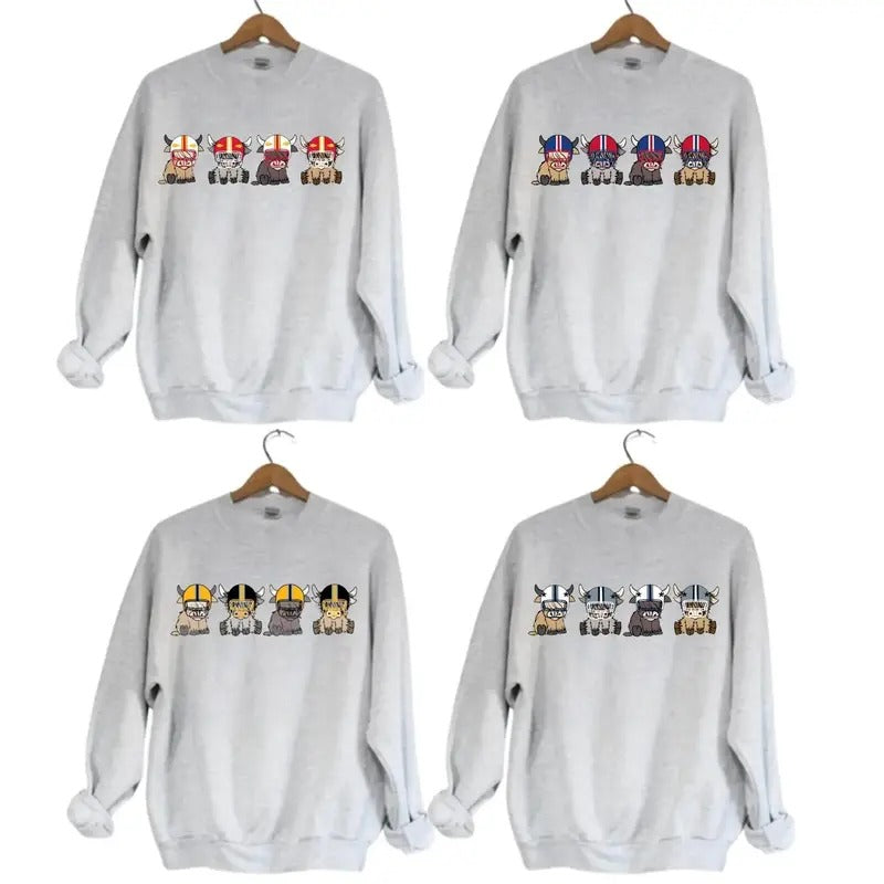 Highland Cow Football Sport Grey Team Football  Lovers Gift Unisex Crewneck Hoodie Sweatshirt T-Shirts | DripVista.com