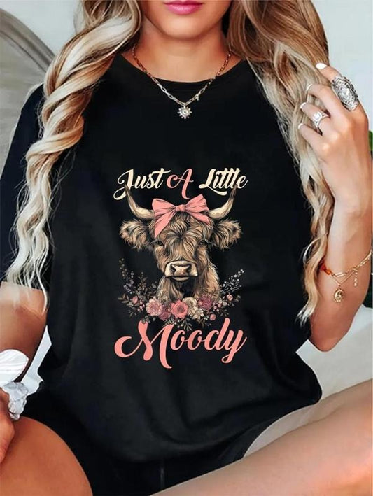 Highland Cow Just A Little Moody Flower Funny Farm Farmer T-Shirt, Full Size Range, Perfect Fit for Everyone, Casual Style