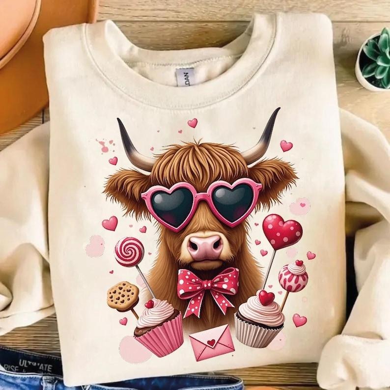 Highland Cow Valentine | Coquette Love Crewneck Sweatshirt | Retro Western Design T-Shirts, Hoodie | DripVista.com