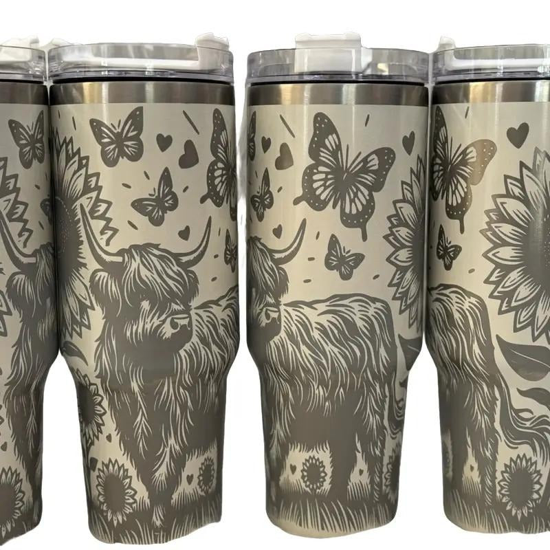 Highland cow with sunflowers laser engraved tumbler Drinkware Flasks T-Shirts, Hoodie, Sweatshirt | DripVista.com