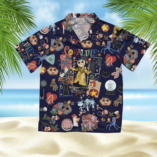 Summer Hawaii Shirt, Coraline Hawaiian Shirt, Coraline Doll Hawaii, Coraline Stuff, Button Eyes Coraline Shirt, Coraline Outfit Gift for Her/ Him, Valentine Gift