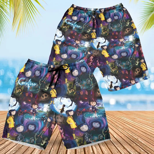 Coraline Hawaiian Shorts, Summer Hawaii Shorts, Coraline Doll Hawaii, Coraline Stuff, Button Eyes Coraline Shorts, Coraline Outfit Gift for Her/ Him, Valentine Gift